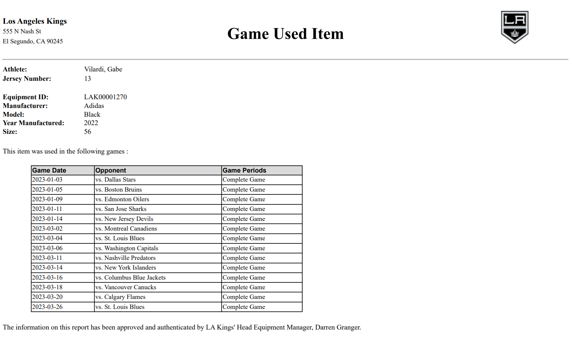 Gabe Vilardi Game-Used Home Jersey (Set 2, 2022-2023)