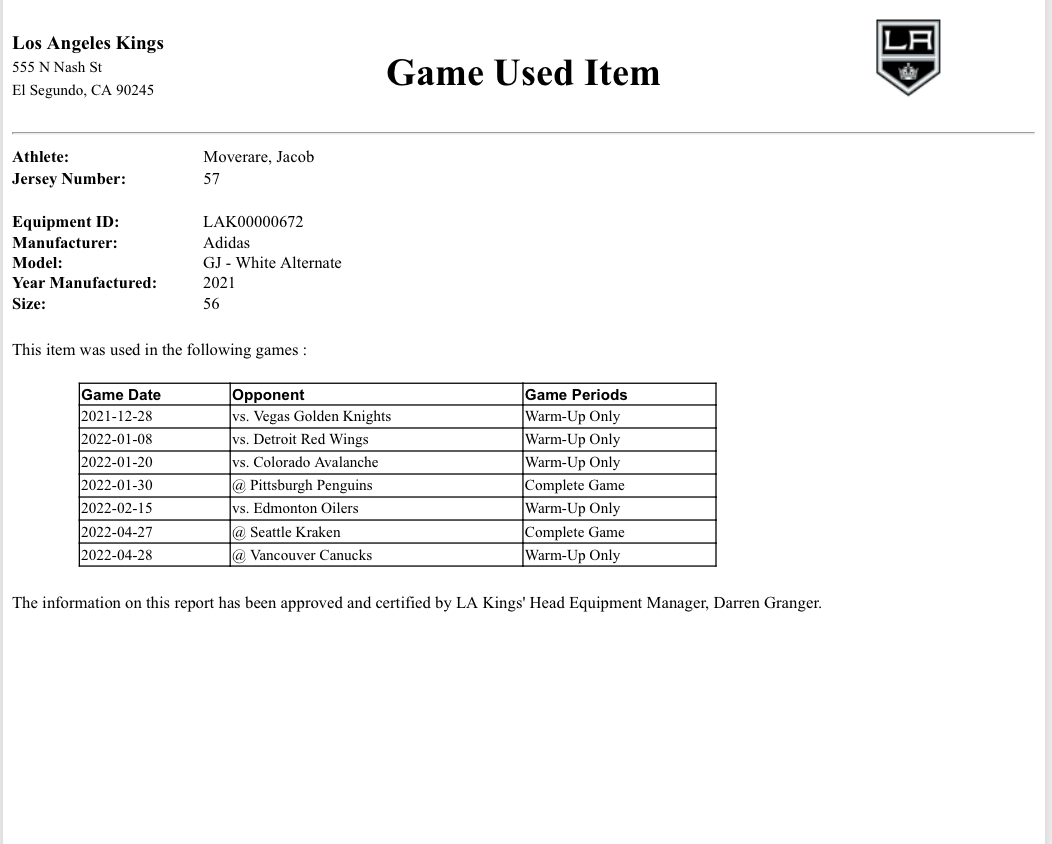 Jacob Moverare Game-Used Alternate Jersey (Set 2, 2021-2022 Season)