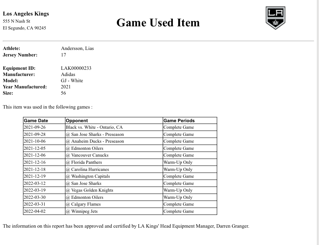 Lias Andersson Game-Used Away Jersey (Set 2, 2021-2022 Season)