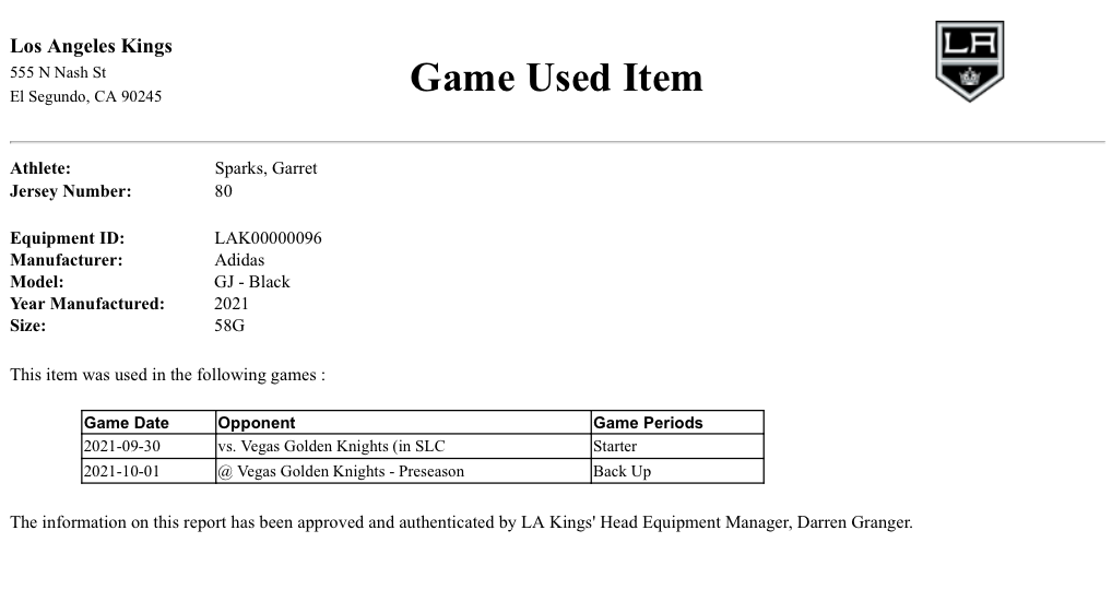 Garret Sparks Game-Used Home Jersey (Set 1, 2021-2022 Season)