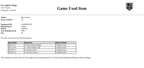 Sean Durzi Game-Used Away Jersey (Set 1, 2022-2023)