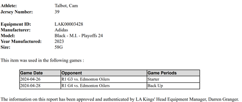 Cam Talbot 2024 Playoffs Home Game-Used Jersey