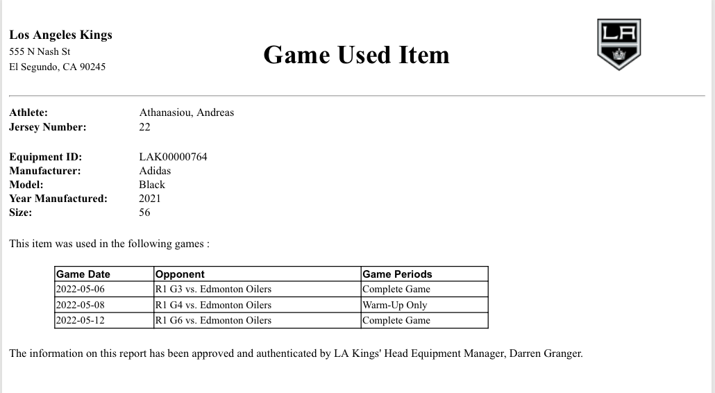 Lakingsgameused Andreas Athanasiou Playoff Game-Used Home Jersey (Playoff Set, 2021-2022)